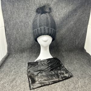 Black Women's Beanie Pom Pom Hat Cozy Winter Accessories Silky Lining w/ Storage